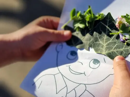 Tablou realizat din frunze și flori în atelierul Copilul cu păr de frunze pentru școli și grădinițe la Hera Kids Târgoviște.